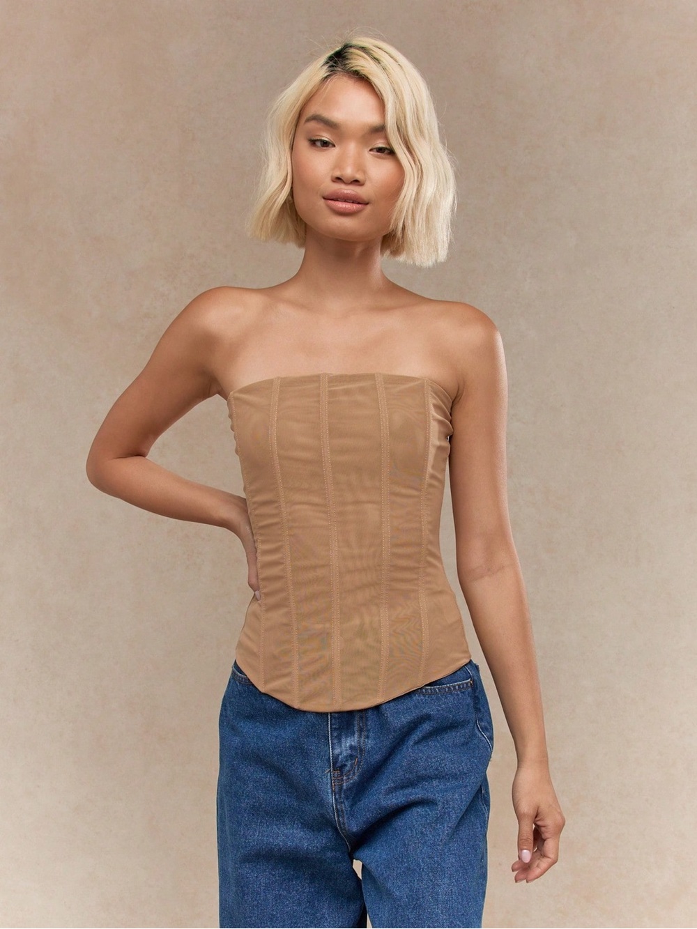 MISSGUIDED Nude Tan Boned Mesh Corset Bandeau Top - Size XS